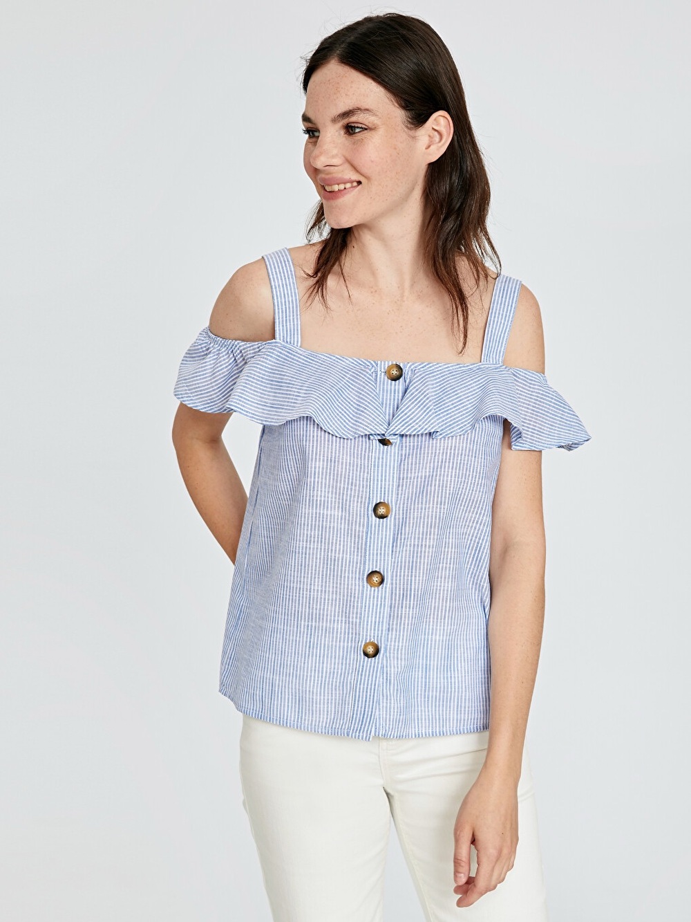 Anthropologie Maeve Canopy Open-Shoulder Button Front Tank Blue White Pinstripe